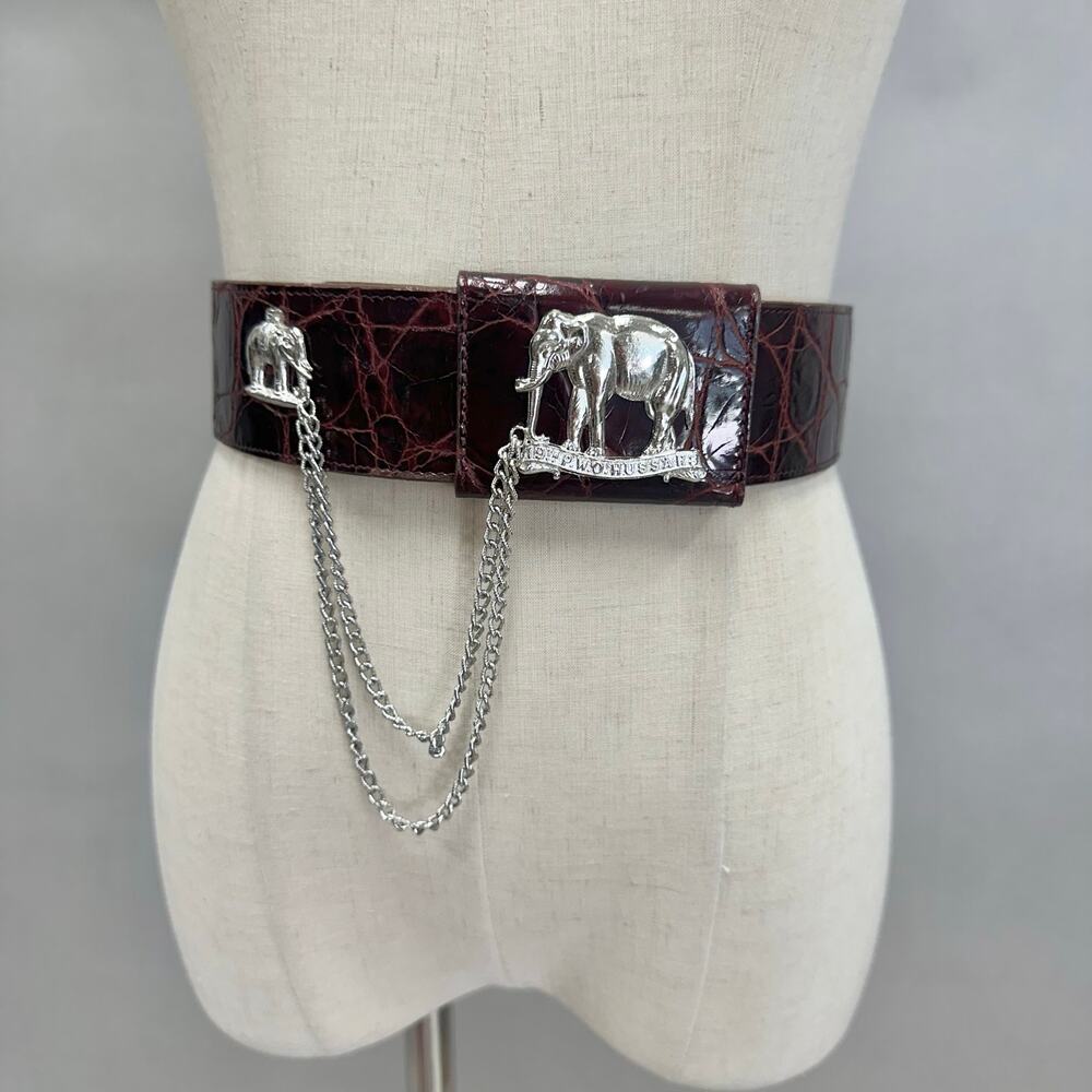 Catherine Carson burgundy‎ leather strap belt silver elephant & drop chain small